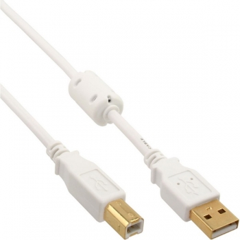 InLine USB 2.0 Cable, white, 5.0m, 
A Male to B Male, gold plated, with ferrite core