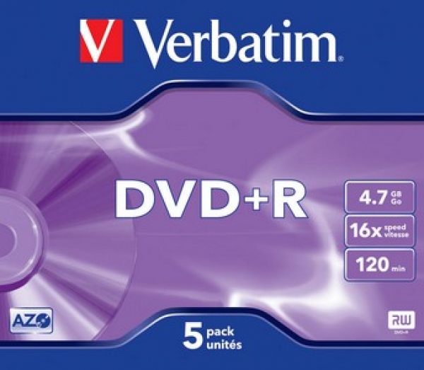 Verbatim DVD+R 16x, 4.7GB, Jewel Case, 5-pack
