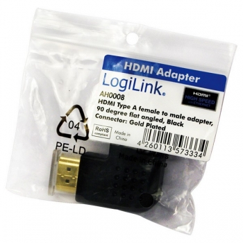 LogiLink HDMI Adapter, 90 degree flat angled, black
HDMI Male to HDMI Female, gold-plated