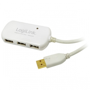LogiLink USB 2.0 Active Repeater Cable w/4-port hub,  
white, 12m, 1x USB-A Male to 4x USB-A Female