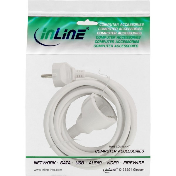 InLine Power Extension Cable, white, 5m, 
Schuko M/F, 220V Germany