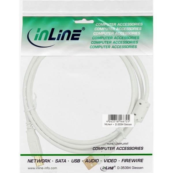 InLine USB 2.0 Cable, white, 2.0m, 
A Male to B Male, gold plated, with ferrite core