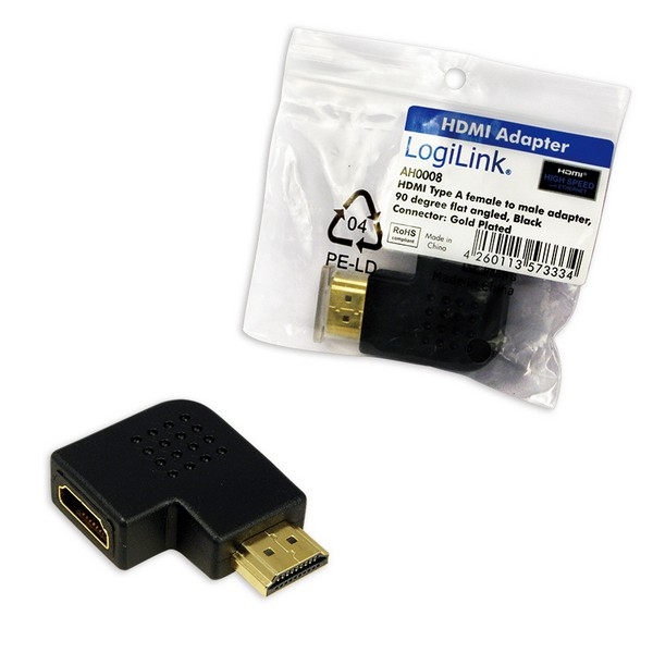LogiLink HDMI Adapter, 90 degree flat angled, black
HDMI Male to HDMI Female, gold-plated