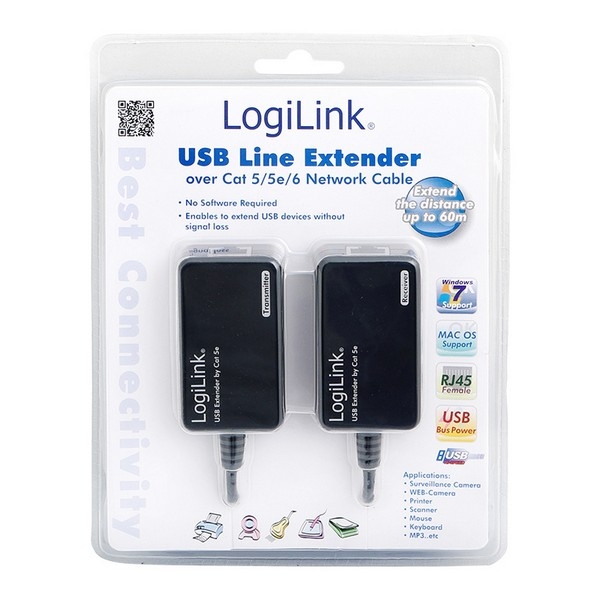 LogiLink USB 1.1 Extender up to 60m via CAT5 Cable, 
USB1.1-A Male to RJ45 & RJ45 to USB1.1-A Female