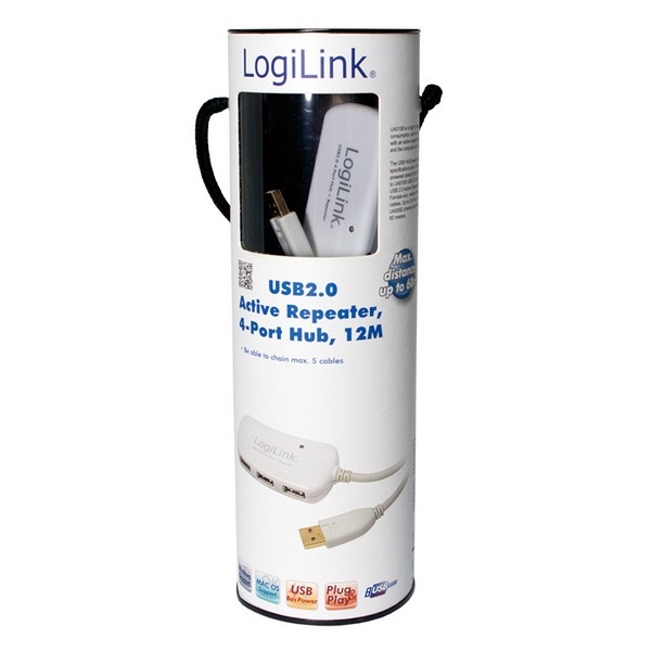 LogiLink USB 2.0 Active Repeater Cable w/4-port hub,  
white, 12m, 1x USB-A Male to 4x USB-A Female