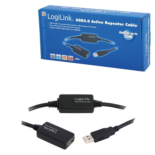 LogiLink USB 2.0 Active Repeater Cable, black, 25m, 
USB-A Male to USB-A Female